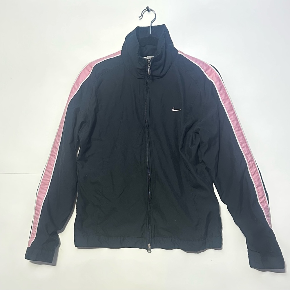 vintage Y2K women's Nike full-zip windbreaker jacket in black with pink striped